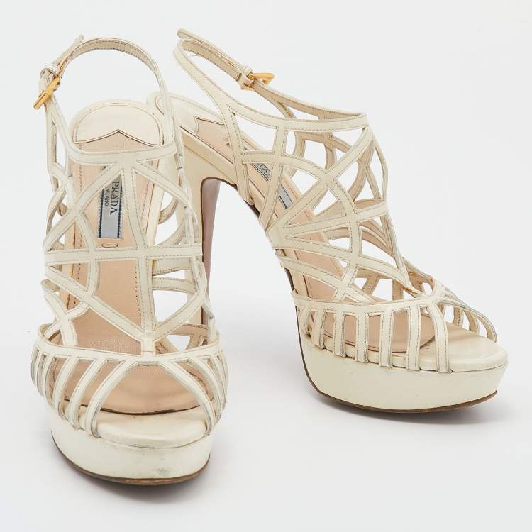Pre Owned Prada Off White Patent Leather Caged Platform Sandals Size 38