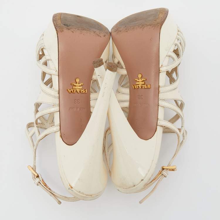 Pre Owned Prada Off White Patent Leather Caged Platform Sandals Size 38