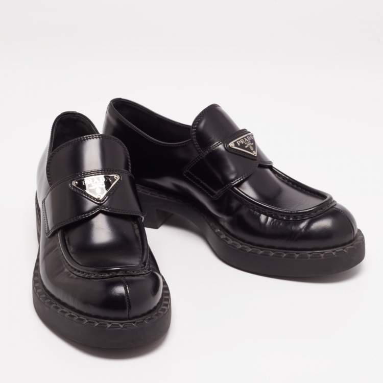 Pre Owned Prada Black Patent Leather Platform Loafers Size 38.5