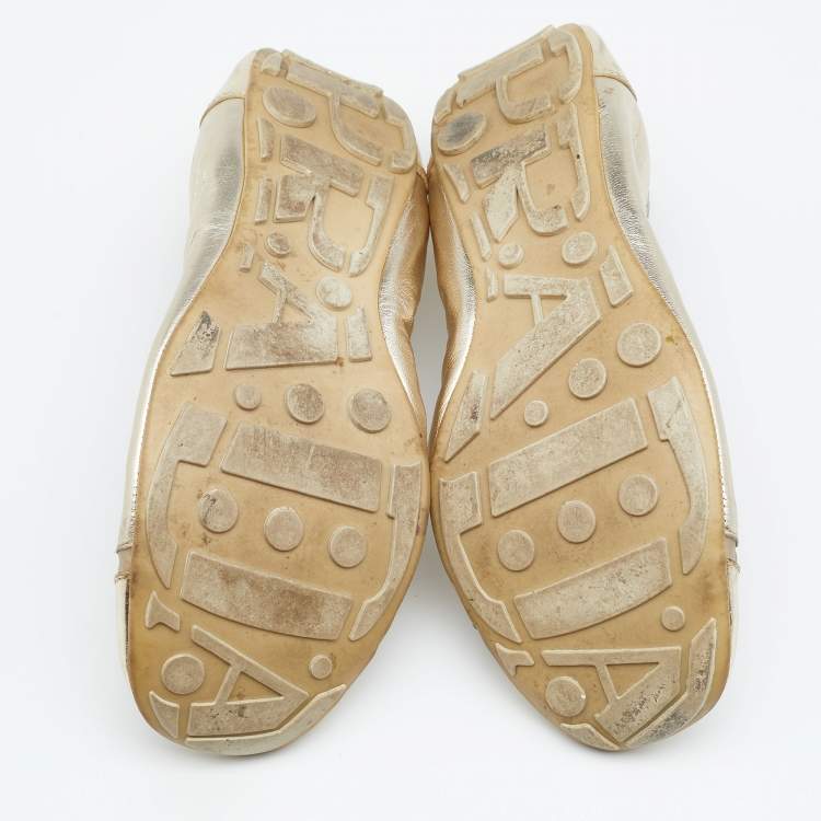 Pre Owned Prada Gold Leather Scrunch Ballet Flats Size 38