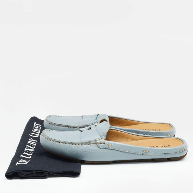 Pre Owned Prada Grey Leather Mule Slip on Loafers Size 38
