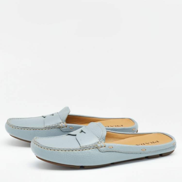 Pre Owned Prada Grey Leather Mule Slip on Loafers Size 38