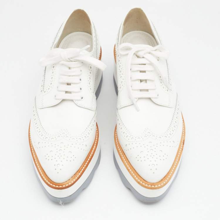 Pre Owned Prada Metallic White Leather Wave Wingtip Platform Derby Size 36