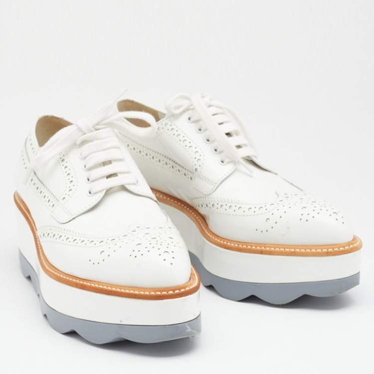Pre Owned Prada Metallic White Leather Wave Wingtip Platform Derby Size 36