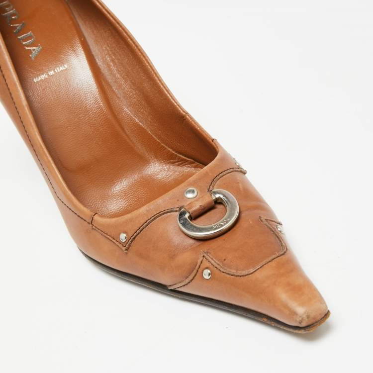 Pre Owned Prada Brown Leather Pointed Toe Pumps Size 37