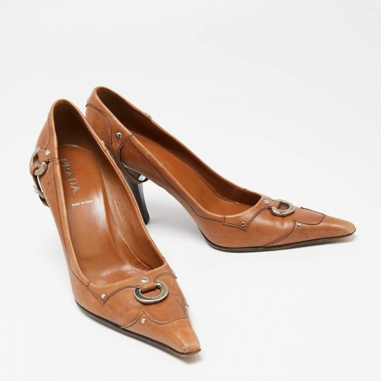 Pre Owned Prada Brown Leather Pointed Toe Pumps Size 37