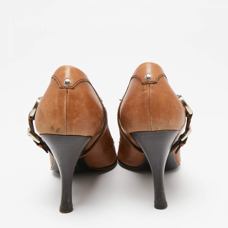 Pre Owned Prada Brown Leather Pointed Toe Pumps Size 37