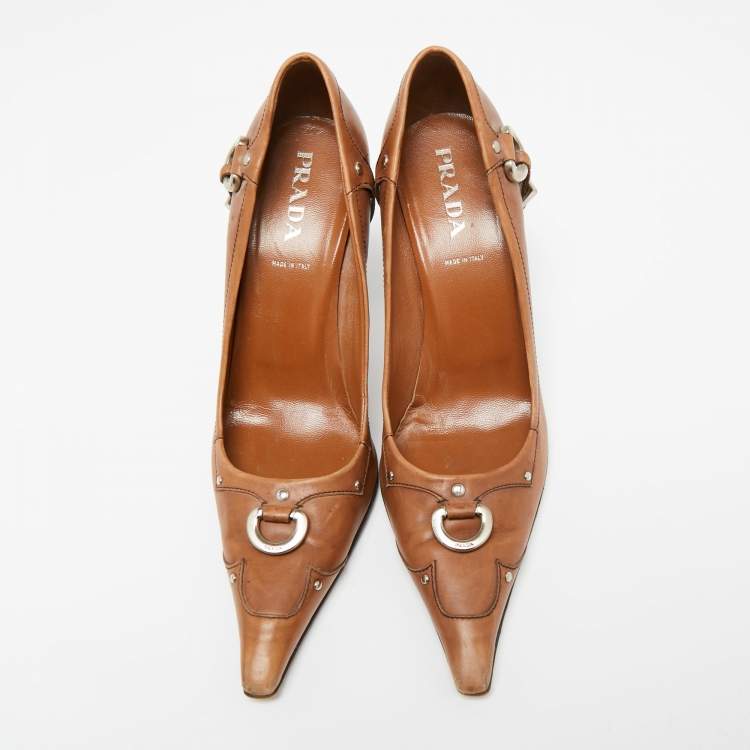 Pre Owned Prada Brown Leather Pointed Toe Pumps Size 37
