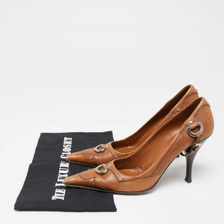 Pre Owned Prada Brown Leather Pointed Toe Pumps Size 37
