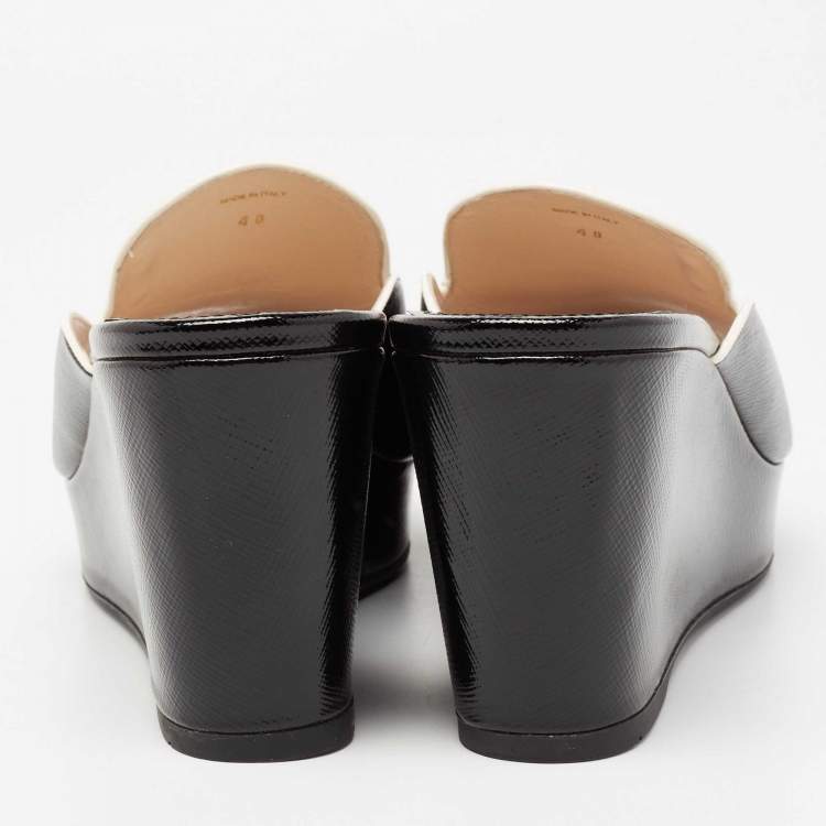 Pre Owned Prada Black Saffiano Patent Leather Wedge Slide Sandals Size 40