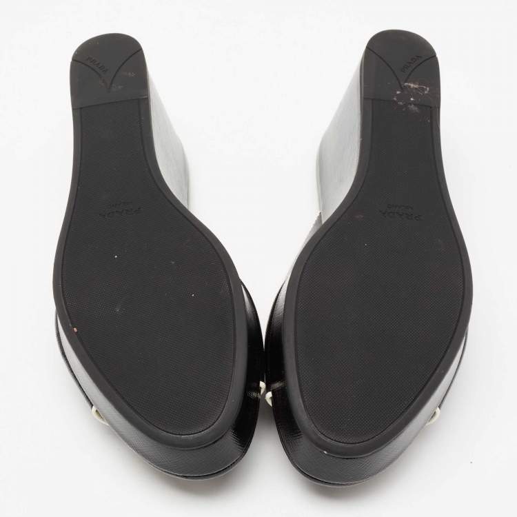 Pre Owned Prada Black Saffiano Patent Leather Wedge Slide Sandals Size 40