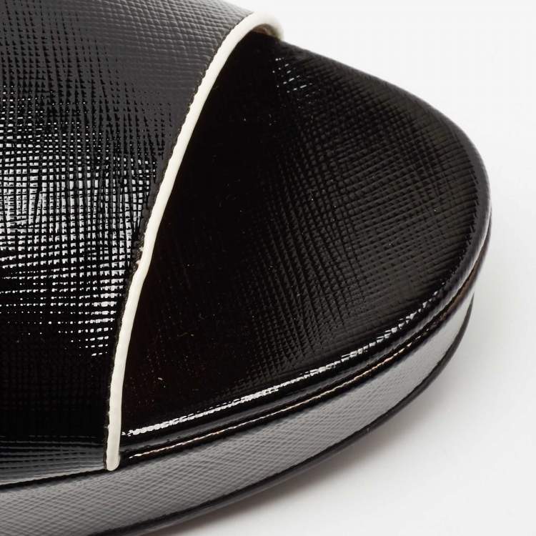 Pre Owned Prada Black Saffiano Patent Leather Wedge Slide Sandals Size 40