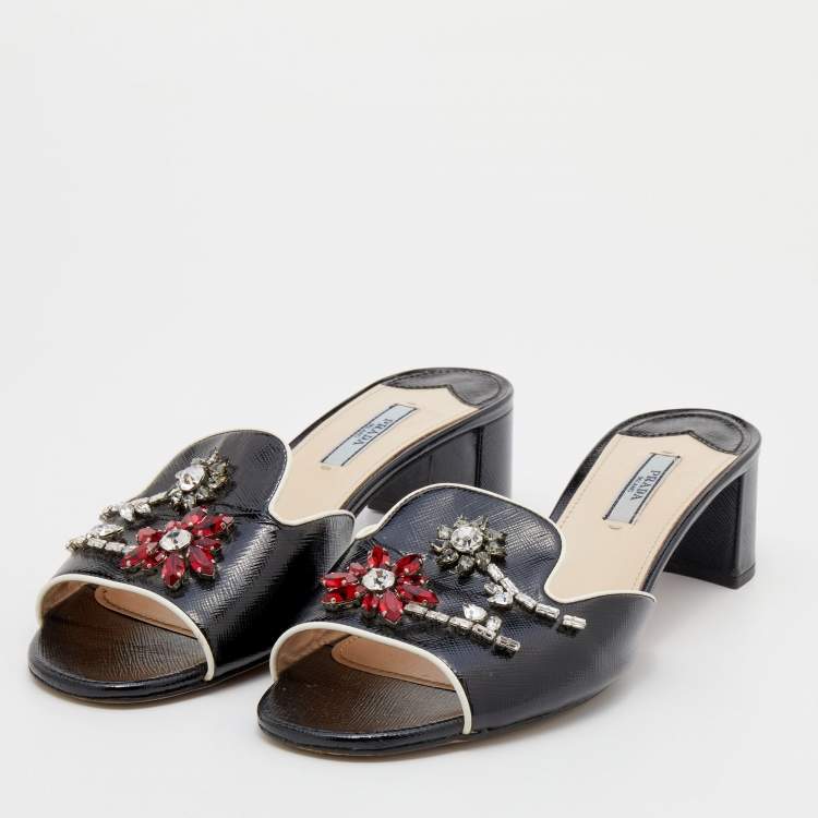 Pre Owned Prada Black Patent Saffiano Leather Crystal Embellished Slide Sandals Size 39.5