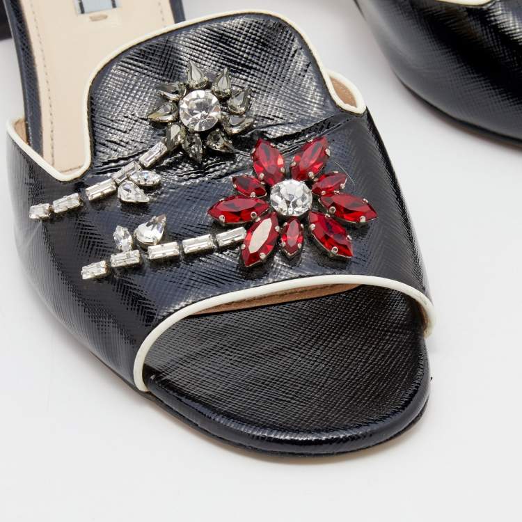 Pre Owned Prada Black Patent Saffiano Leather Crystal Embellished Slide Sandals Size 39.5