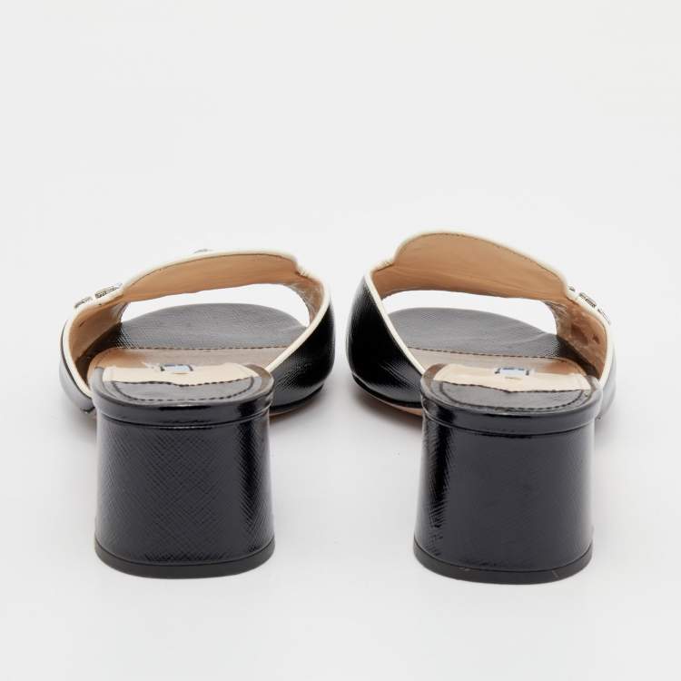 Pre Owned Prada Black Patent Saffiano Leather Crystal Embellished Slide Sandals Size 39.5