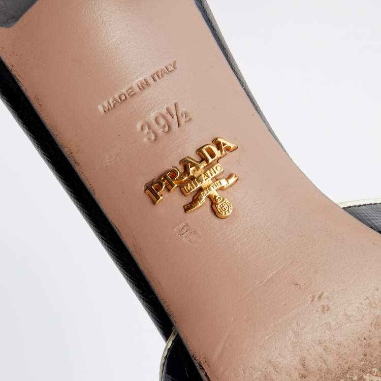 Pre Owned Prada Black Patent Saffiano Leather Crystal Embellished Slide Sandals Size 39.5