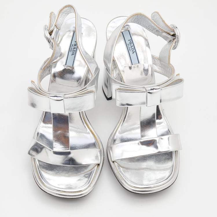 Pre Owned Prada Metallic Silver Leather T-Strap Platform Sandals Size 37