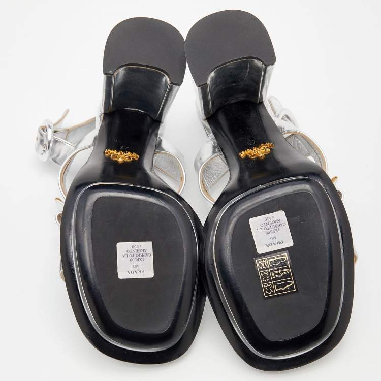 Pre Owned Prada Metallic Silver Leather T-Strap Platform Sandals Size 37