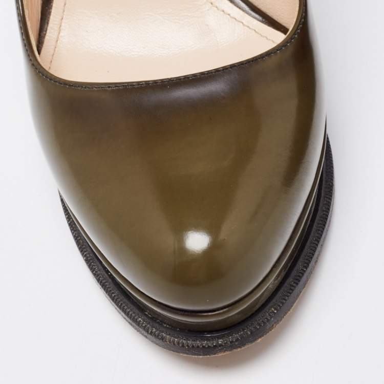 Pre Owned Prada Olive Green Leather Platform Pumps Size 39