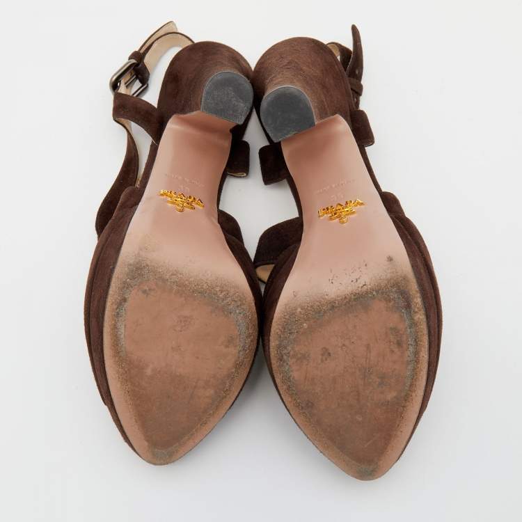 Pre Owned Prada Dark Brown Suede Platform Ankle Strap Sandals Size 39