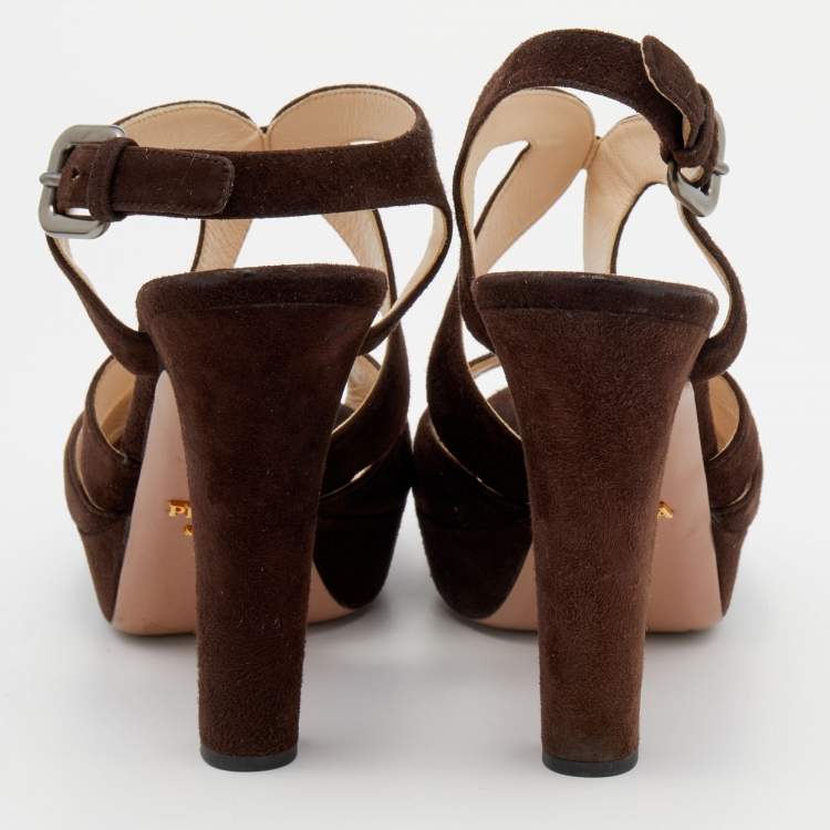 Pre Owned Prada Dark Brown Suede Platform Ankle Strap Sandals Size 39