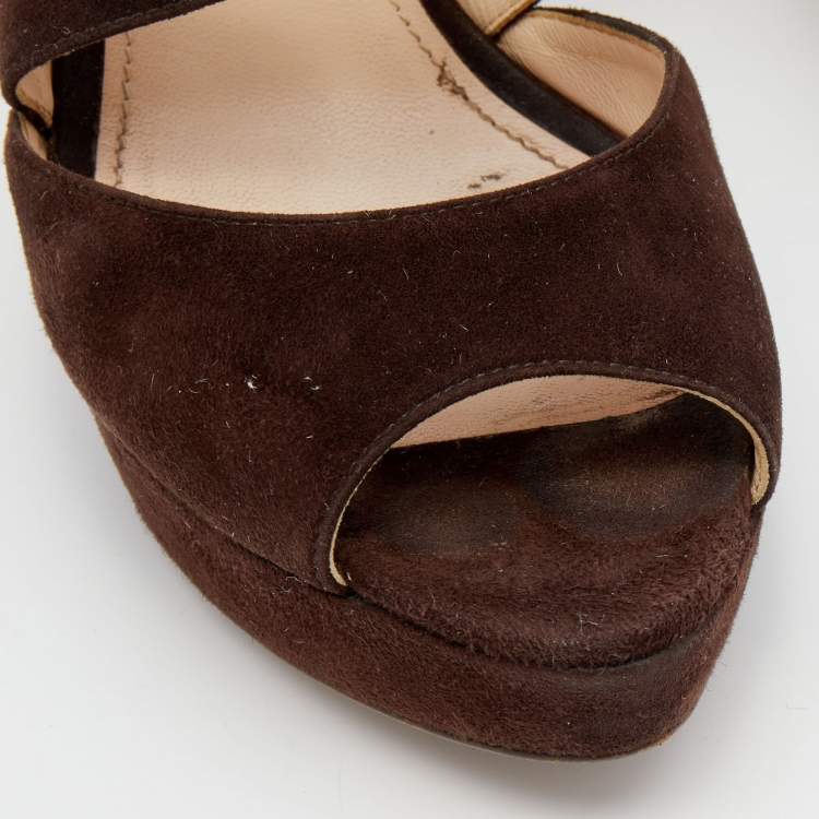 Pre Owned Prada Dark Brown Suede Platform Ankle Strap Sandals Size 39