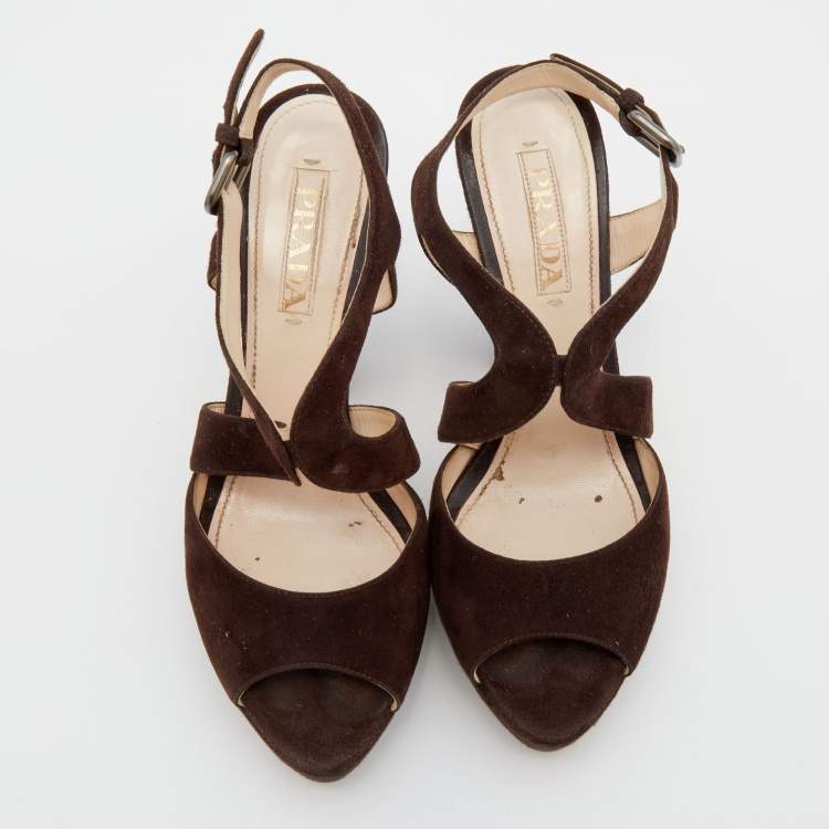 Pre Owned Prada Dark Brown Suede Platform Ankle Strap Sandals Size 39