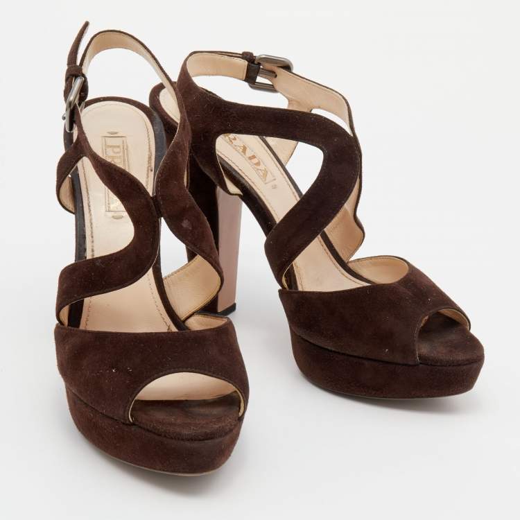 Pre Owned Prada Dark Brown Suede Platform Ankle Strap Sandals Size 39