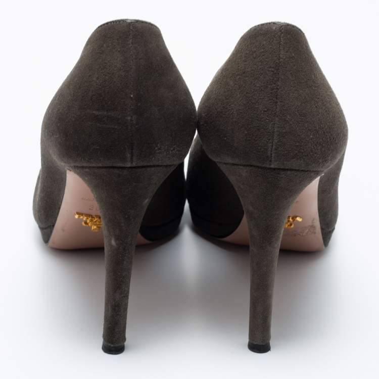 Pre Owned Prada Olive Green Suede Open Toe Platform Pumps Size 38.5