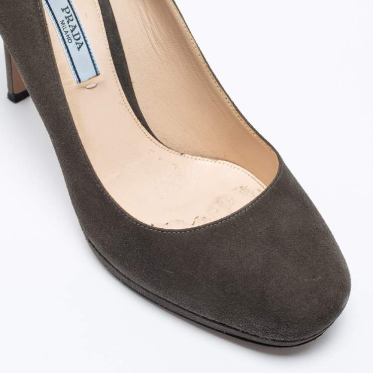 Pre Owned Prada Olive Green Suede Open Toe Platform Pumps Size 38.5