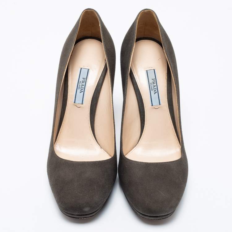 Pre Owned Prada Olive Green Suede Open Toe Platform Pumps Size 38.5