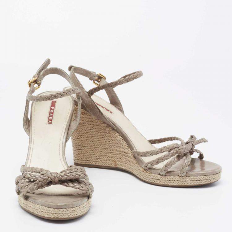 Pre Owned Prada Grey Leather Braided Basket Weave Wedge Sandals Size 40