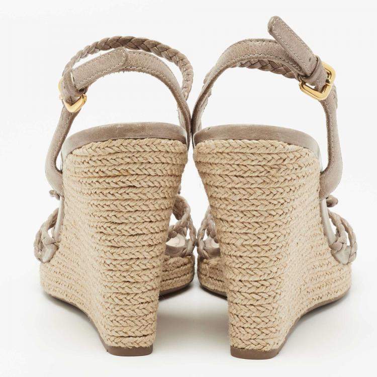 Pre Owned Prada Grey Leather Braided Basket Weave Wedge Sandals Size 40