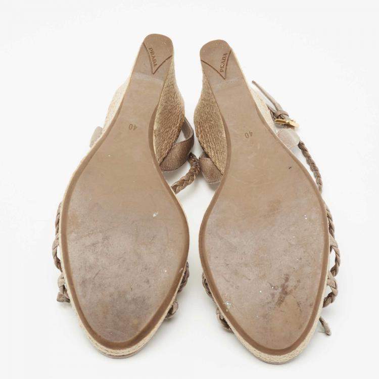 Pre Owned Prada Grey Leather Braided Basket Weave Wedge Sandals Size 40