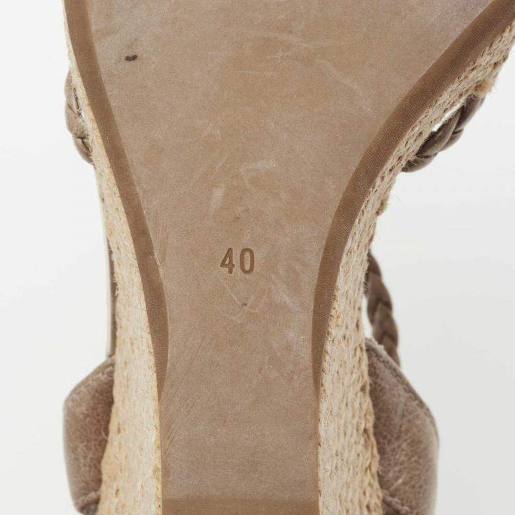 Pre Owned Prada Grey Leather Braided Basket Weave Wedge Sandals Size 40