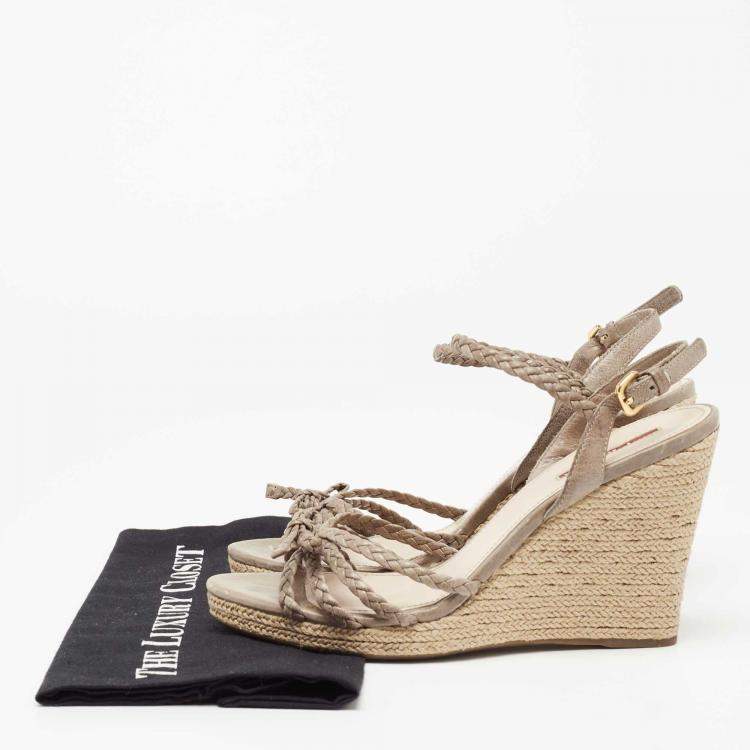 Pre Owned Prada Grey Leather Braided Basket Weave Wedge Sandals Size 40