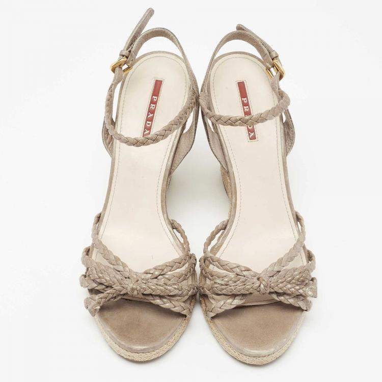 Pre Owned Prada Grey Leather Braided Basket Weave Wedge Sandals Size 40