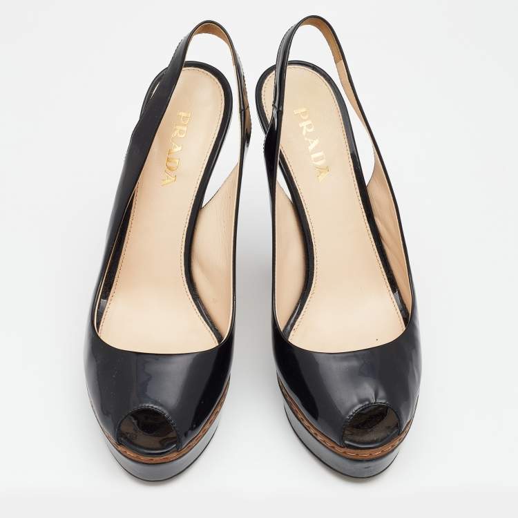 Pre Owned Prada Black Patent Leather Peep Toe Slingback Platform Sandals Size 37.5