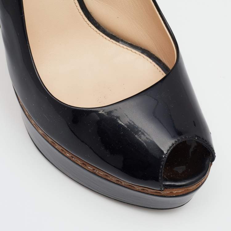 Pre Owned Prada Black Patent Leather Peep Toe Slingback Platform Sandals Size 37.5