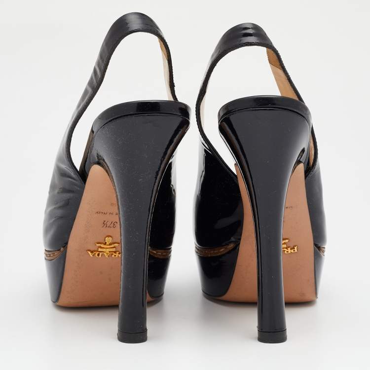 Pre Owned Prada Black Patent Leather Peep Toe Slingback Platform Sandals Size 37.5