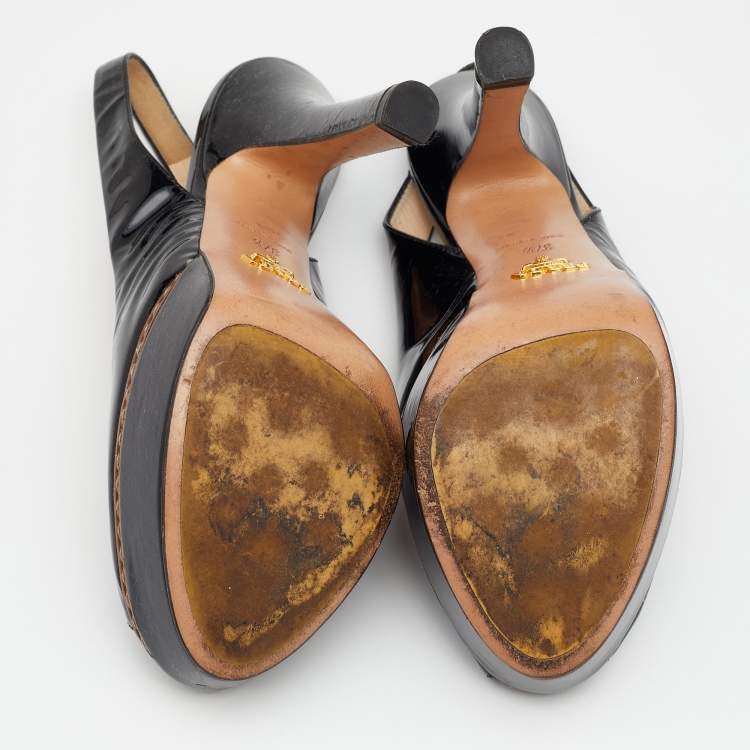 Pre Owned Prada Black Patent Leather Peep Toe Slingback Platform Sandals Size 37.5