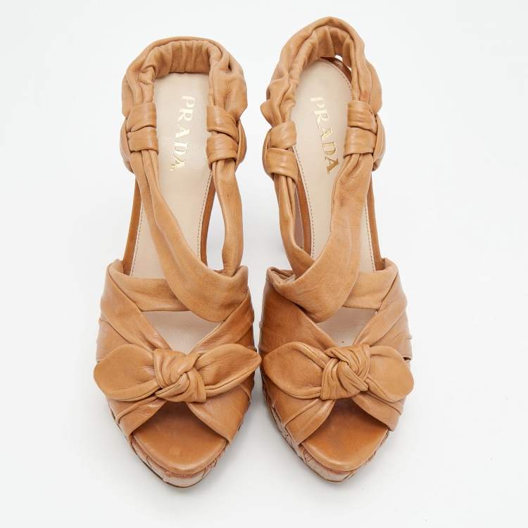 Pre Owned Prada Tan Leather Bow Detail Slingback Platform Sandals Size 38