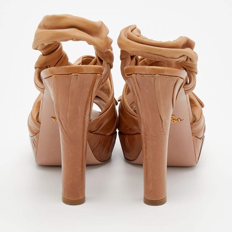Pre Owned Prada Tan Leather Bow Detail Slingback Platform Sandals Size 38