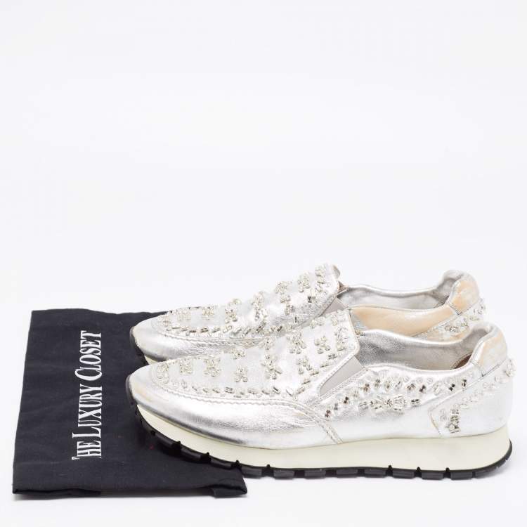 Pre Owned Prada Silver Leather Embellished Slip On Sneakers Size 41