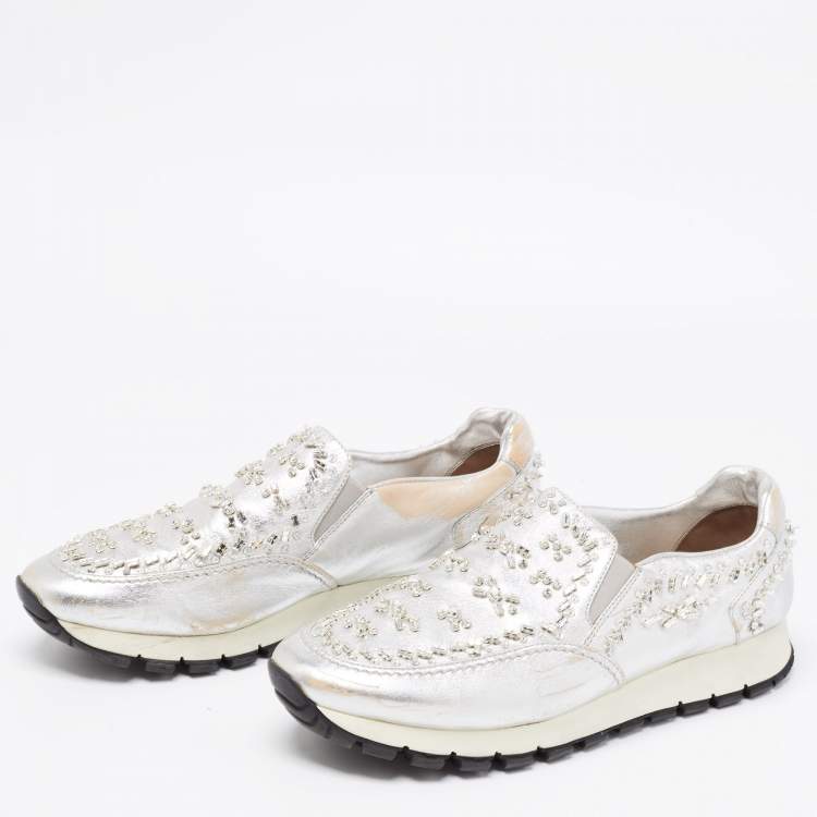 Pre Owned Prada Silver Leather Embellished Slip On Sneakers Size 41