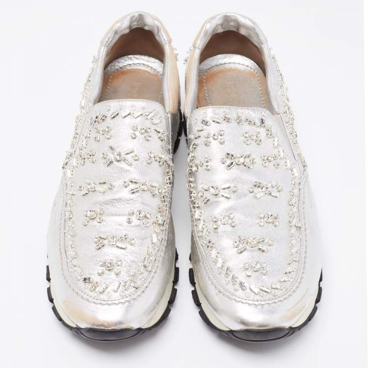 Pre Owned Prada Silver Leather Embellished Slip On Sneakers Size 41