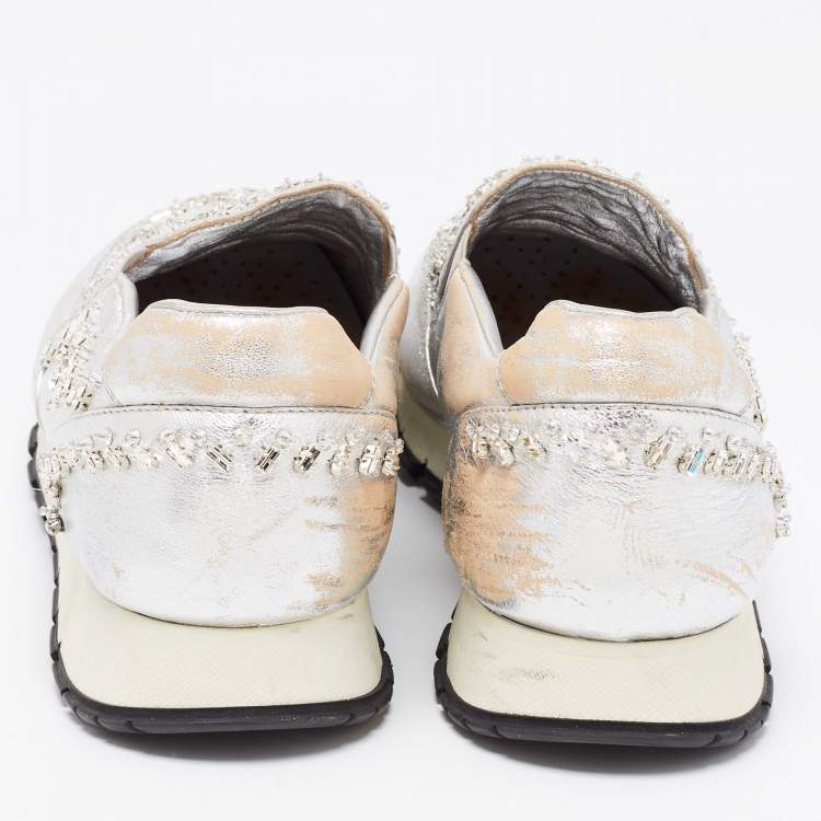 Pre Owned Prada Silver Leather Embellished Slip On Sneakers Size 41