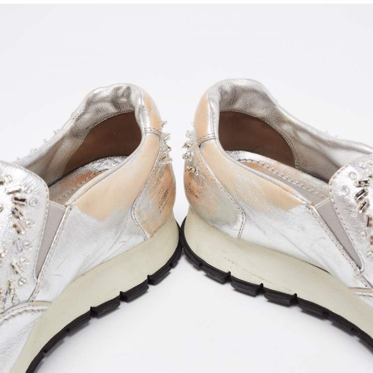 Pre Owned Prada Silver Leather Embellished Slip On Sneakers Size 41