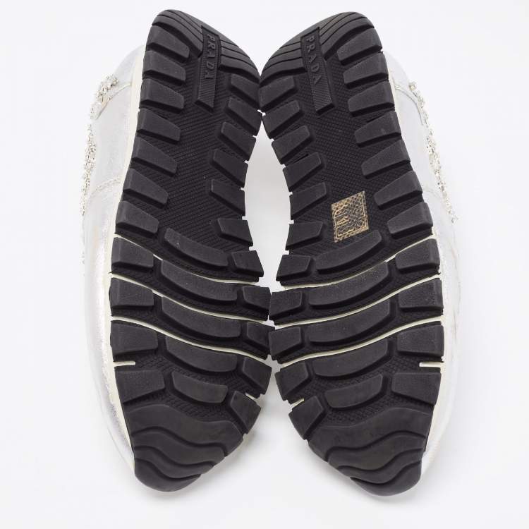 Pre Owned Prada Silver Leather Embellished Slip On Sneakers Size 41