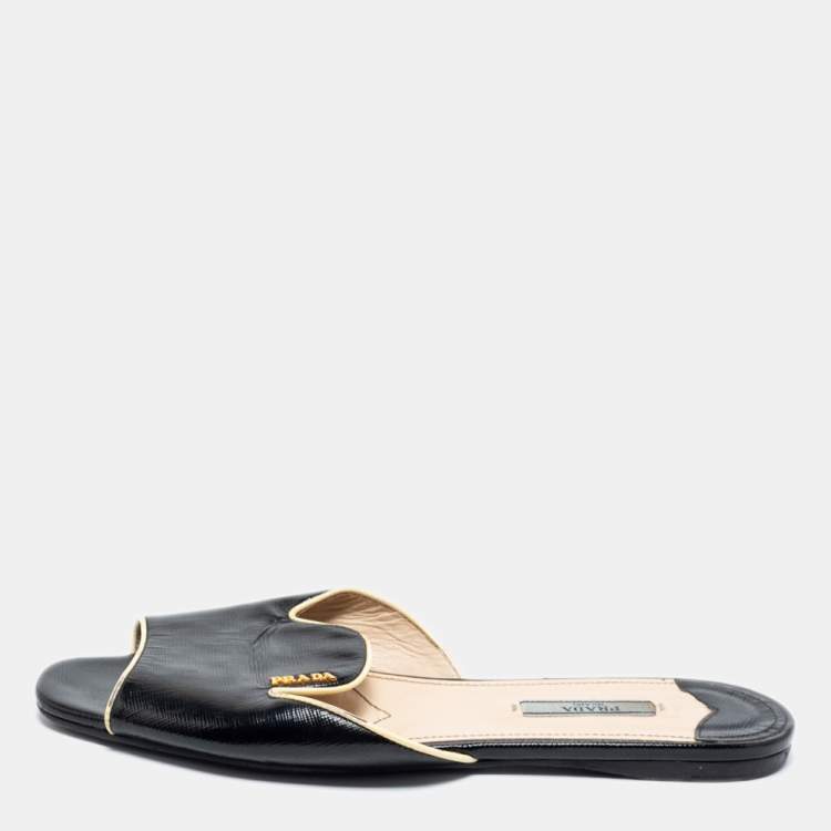 Prada Black Saffiano Patent Leather Flat Slide Sandals Size  Prada | TLC